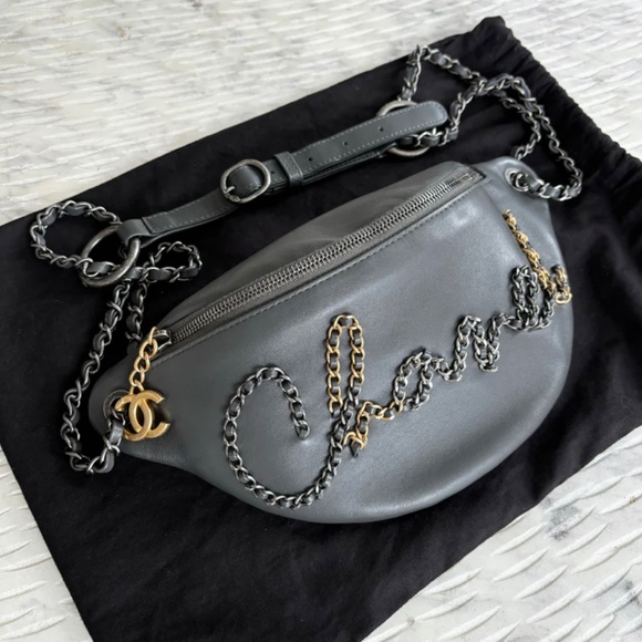 Authentic Chanel Grey Calfskin Leather Three-tone Metal Chain Signs Waist Bag - Picture 7 of 12
